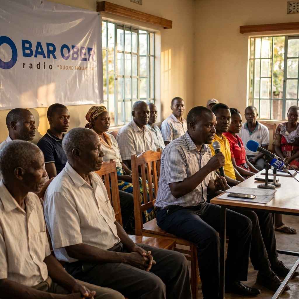 Community meeting in Ugenya with a speaker addressing residents