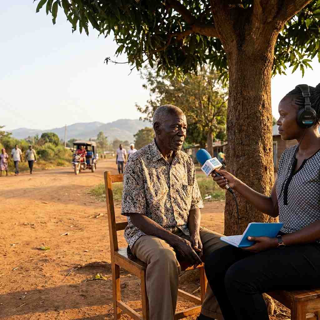 Outdoor interview with an elderly resident by the roadside