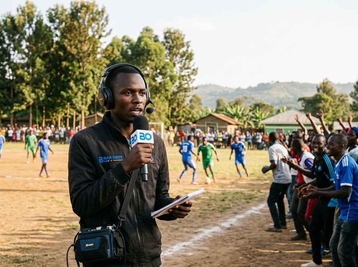 Sports commentator covering a football match with crowd